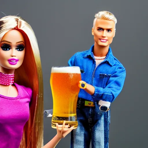 Image similar to a battered Barbie doll standing next to a Ken doll holding a beer, hyper realistic, sharp focus