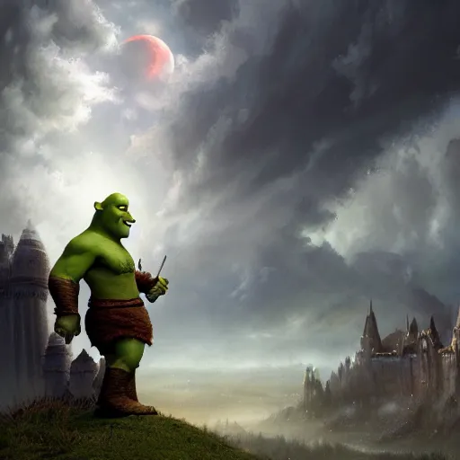 Image similar to shrek as a fantasy style hero, dramatic light, castle background, clouds, moon, storm, night, high detail, fantasy background, painted by stanley lau, painted by greg rutkowski, painted by stanley artgerm, digital art, trending on artstation