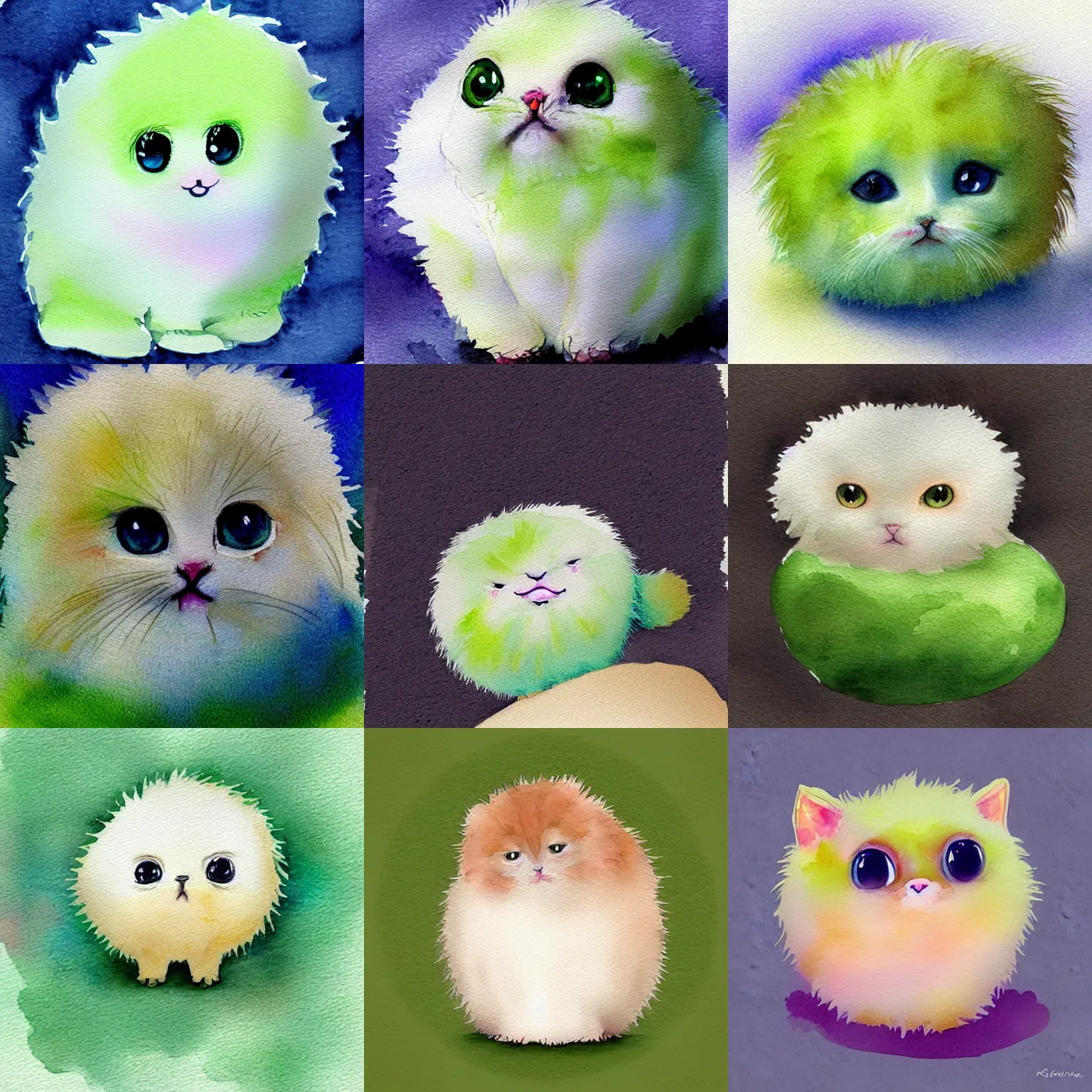 Image similar to lightly lime colored cute puff ball with adorable face, beautiful watercolor illustration, digital art