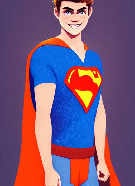 Image similar to friendly teenage archie andrews wearing an orange superhero costume with heart logo, heart, freckles, blue cape, heart emblem on chest, blue cape, intricate, elegant, glowing lights, highly detailed, digital painting, artstation, sharp focus, illustration, art by wlop, mars ravelo and greg rutkowski