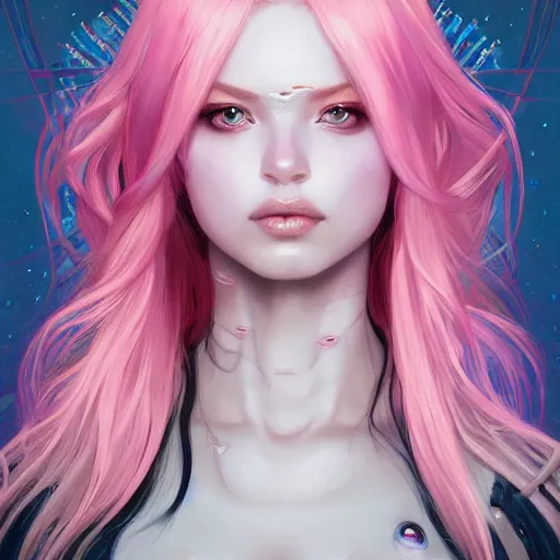 Prompt: portrait of beautiful symmetrical anime alien woman, pink hair, attractive, casual, modern, victoria's secret, highly detailed, digital painting, artstation, concept art, smooth, sharp focus, illustration, art by artgerm, greg rutkowski and alphonse mucha, 8 k,