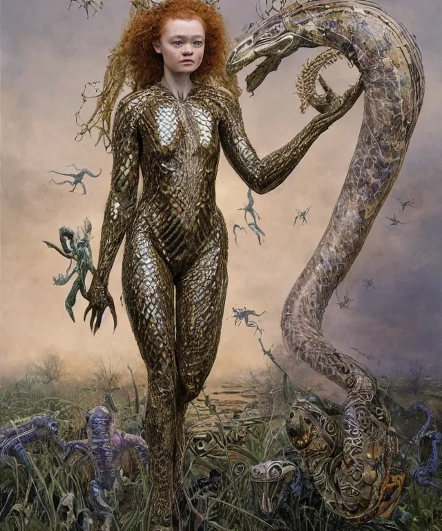 Prompt: a portrait photograph of sadie sink as a strong alien harpy queen with amphibian skin. she is dressed in a silver slimy organic membrane catsuit and transforming into a snake antilope. by donato giancola, walton ford, ernst haeckel, peter mohrbacher, hr giger. 8 k, cgsociety, fashion editorial