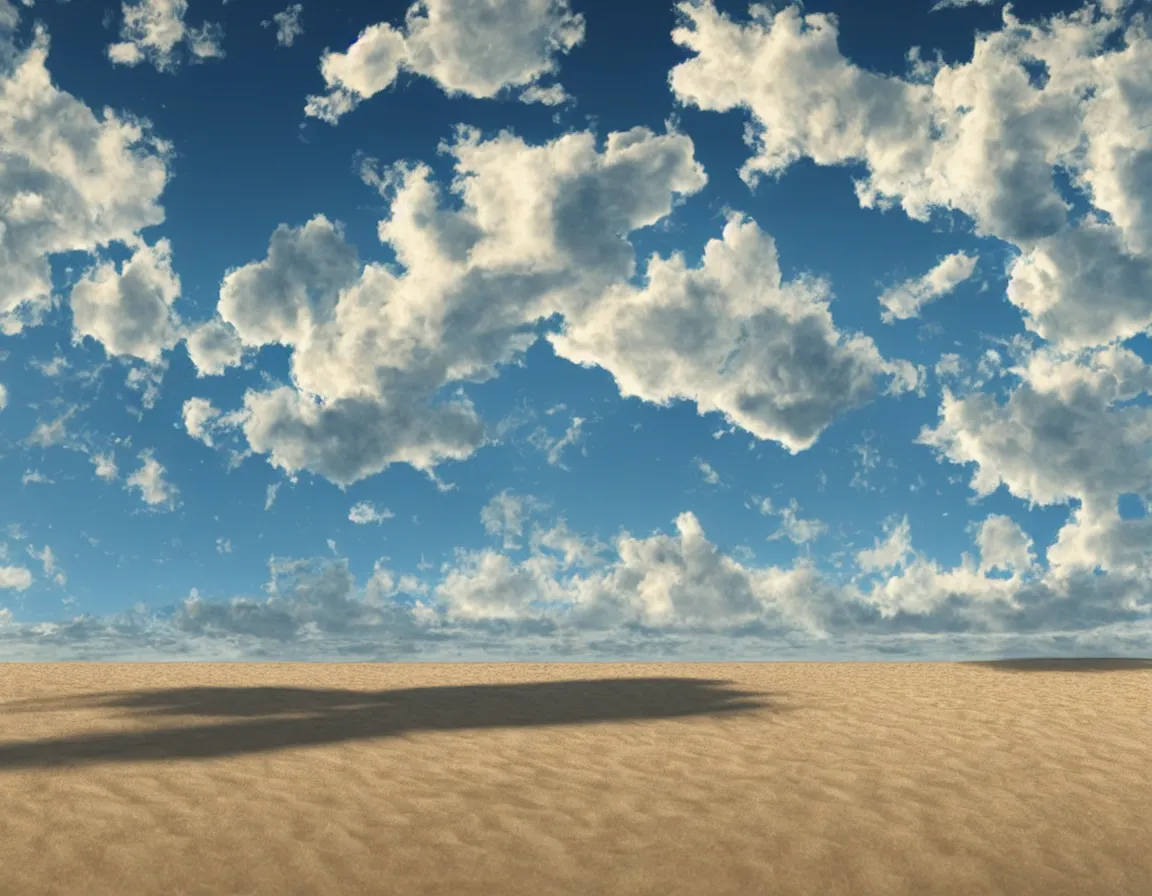 Prompt: 3 d rendering o photorealistic flying sandy beach flat planet, beautiful soft lighting, fluffy clouds