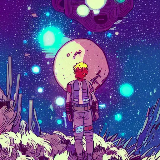 Prompt: a futuristic wanderer gazing into a universe full of mystical colorful light nebulae and galaxies, studio ghibli color scheme, in the style of caspar laurie greasley