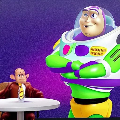 Prompt: buzz light year nervous about his job interview, realistic,