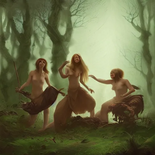 Image similar to three witches dancing around a bonefire which spawns a demon, in a forest, sharp focus, illustration, art by aenaluck and roberto ferri and greg rutkowski, epic fantasy, digital painting