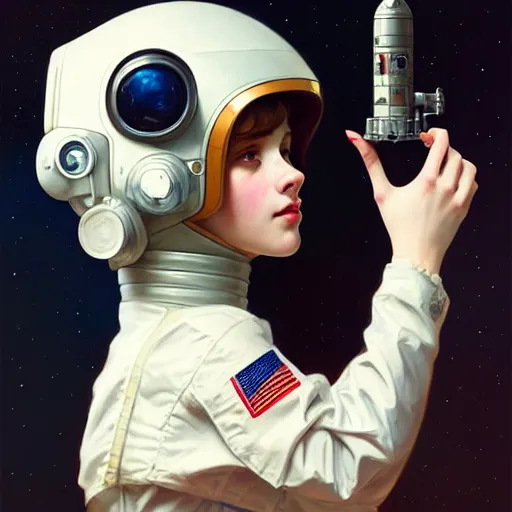Prompt: A portrait of a girl wearing a vintage sci-fi astronaut helmet and holding a blaster, face, intricate, elegant, highly detailed, digital painting, artstation, concept art, smooth, sharp focus, illustration, art by Krenz Cushart and Artem Demura and alphonse mucha