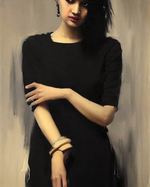 Image similar to beautiful portrait painting an gorgeous delhi girl wearing a little black dress, oil painting, art by ruan jia