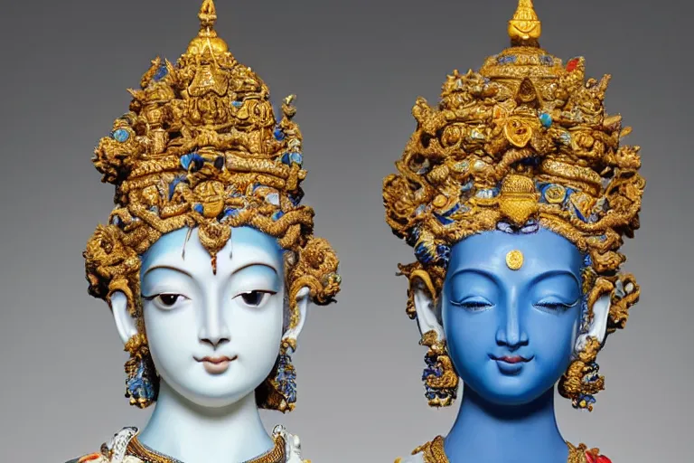 Image similar to full head and shoulders, beautiful female, deep blue porcelain sculpture, plastic jewellery of a hindu god, with lots of ornate gold leaf animals, attached to head by daniel arsham and james jean, on a white background, delicate facial features