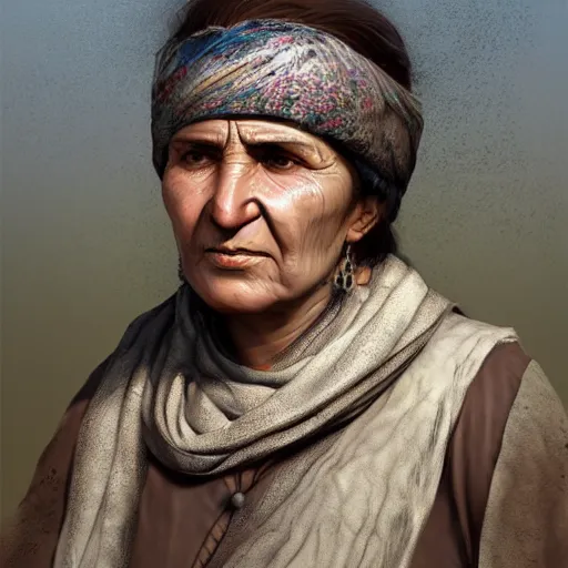 Image similar to hyperrealistic mixed media high resolution image of a beautiful Kurdish grandmother, stunning 3d render inspired art by István Sándorfi and Greg Rutkowski and Unreal Engine, perfect symmetry, dim volumetric lighting, 8k octane beautifully detailed render, post-processing, extremely hyper-detailed, intricate, epic composition, highly detailed attributes, highly detailed atmosphere, full body shot, cinematic lighting, masterpiece, trending on artstation, very very detailed, masterpiece, stunning, flawless structure, lifelike texture, perfection,