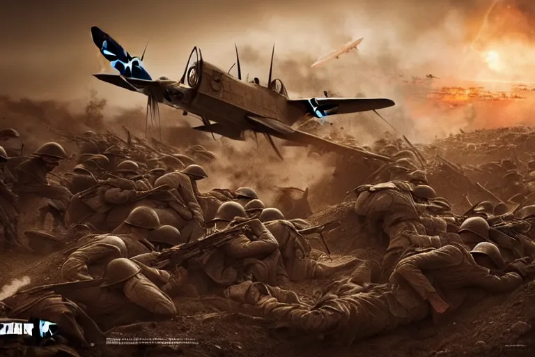 Image similar to World War 1 warzone, planes, cinematic lighting, 35mm photography, highly detailed, 8K, artgerm, sharp focus, cgsociety, warm lighting