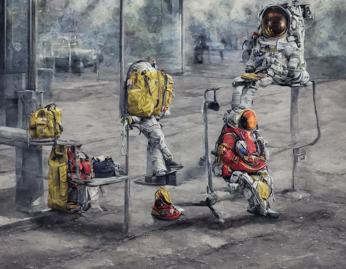 Prompt: hyper realistic oil painting of sitting astronaut waiting for the bus at the bus stop, hd, hdr, by stanisław wyspianski, ultra detailed, high resolution