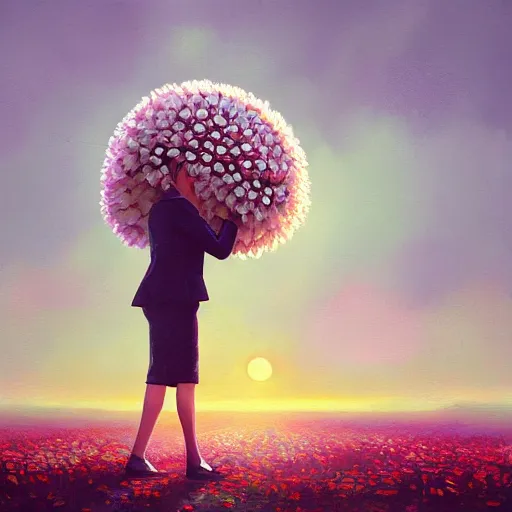 Image similar to huge daisy flower head, frontal, girl in a suit, surreal photography, sunrise, dramatic light, impressionist painting, digital painting, artstation, simon stalenhag