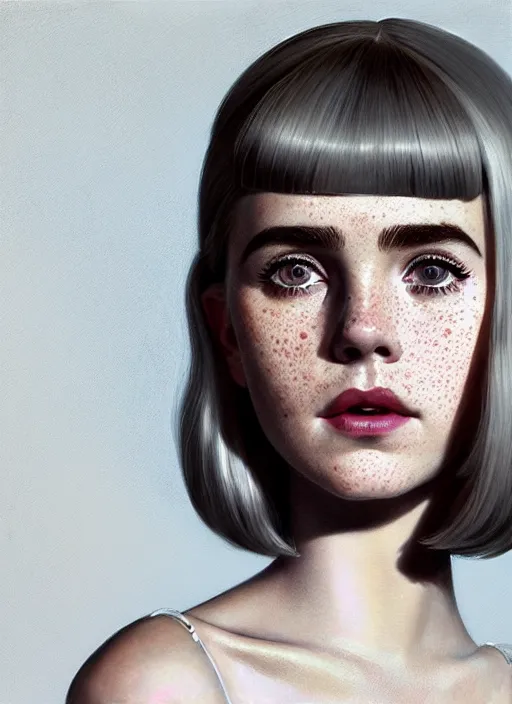 Image similar to portrait of kiernan shipka with freckles, white hair, 1 9 6 0 s bob hairstyle, hairstyle with bangs, 1 9 6 0 s bob hair with bangs and hairband, intricate, elegant, glowing lights, highly detailed, digital painting, artstation, concept art, smooth, sharp focus, illustration, art by wlop, mars ravelo and greg rutkowski