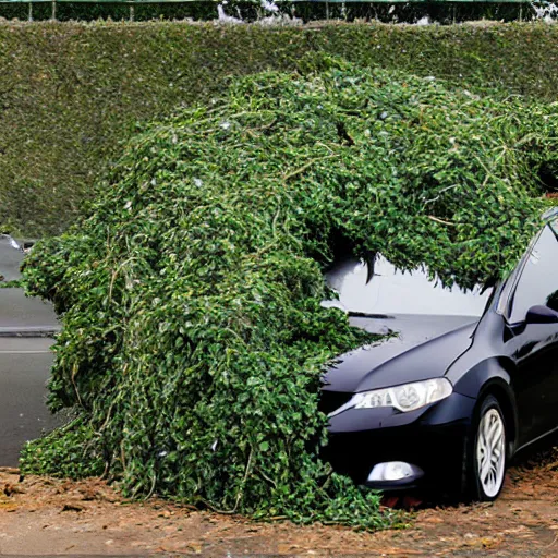 Prompt: a car wrapped in vines being crushed, heonhwa choe, photorealistic