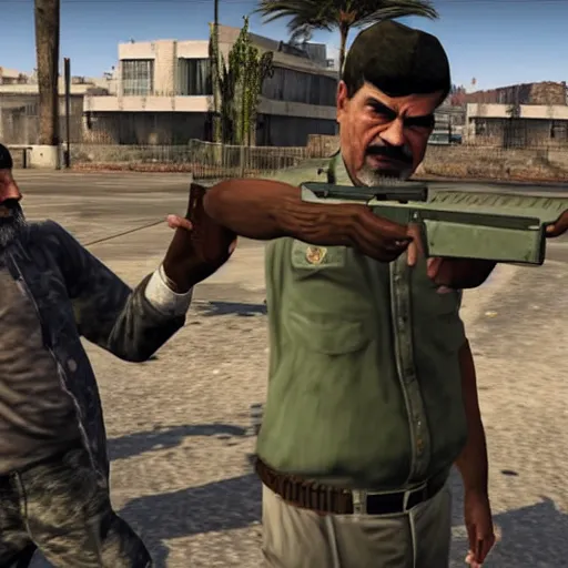 Prompt: saddam hussein pointing a gun at person in GTA V loading screen, HD