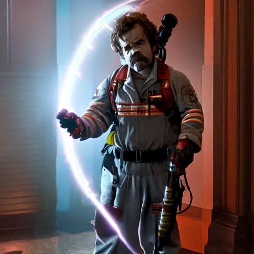 Image similar to stunning awe inspiring peter dinklage as a ghostbuster in the movie ghostbusters, movie still 8 k hdr atmospheric lighting