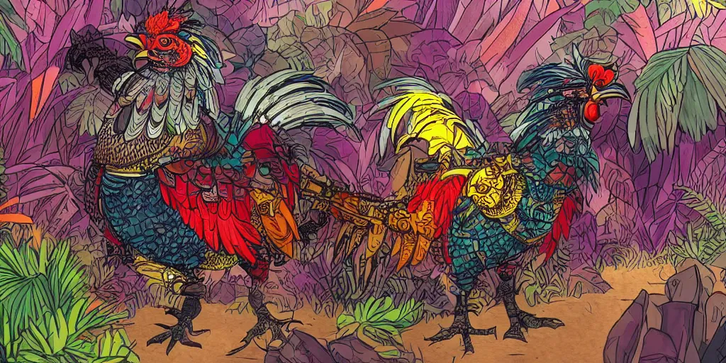 Prompt: colorful illustration of an armoured warrior rooster in a dense jungle, mix of styles, angry, aggressive, blood, battle