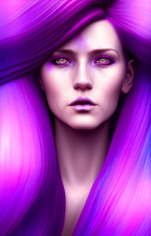 Image similar to Purple hair relistic macro Portrait of a woman with bright colored flying hair, all shades of purple. Beauty face, Hair coloring, fantasy, intricate, elegant, highly detailed, digital painting, artstation, concept art, smooth, sharp focus, illustration, art by artgerm and greg rutkowski and alphonse mucha