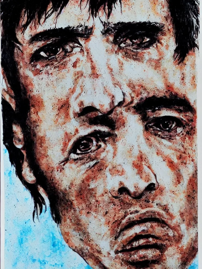 Image similar to close upt. cogerent eyes. detailed face. tony montana from movie scarface. color ink paint