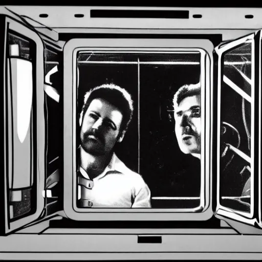 Prompt: aliens in a space ship inspect their worried looking human that is being incarcerated in a glass isolator box that they captured on earth