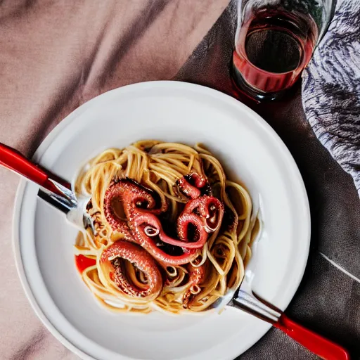 Prompt: an octopus on top of a plate of spaghetti, professional photography