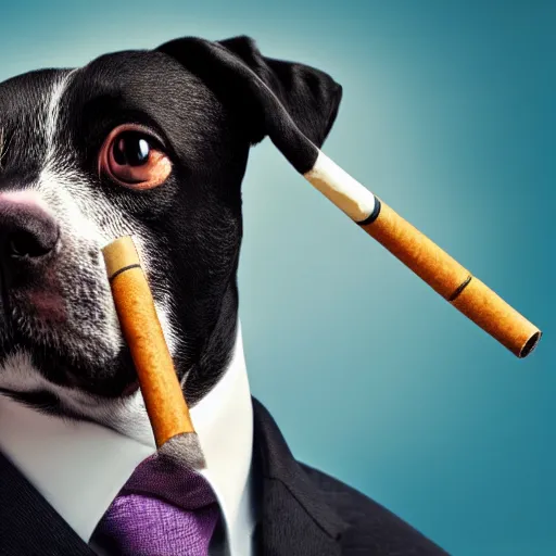 Image similar to a high detail closeup photograph of a dog wearing a suit 👔,and smoking a cigarrette🚬, award wining photograph, digital art