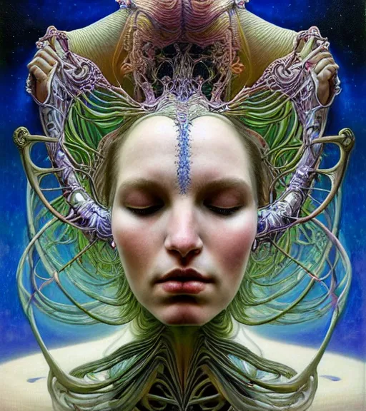 Prompt: detailed realistic beautiful young groovypunk queen of andromeda galaxy in full regal attire. face portrait. art nouveau, symbolist, visionary, baroque, giant fractal details. horizontal symmetry by zdzisław beksinski, ( iris van herpen ), raymond swanland and alphonse mucha. highly detailed, hyper - real, beautiful