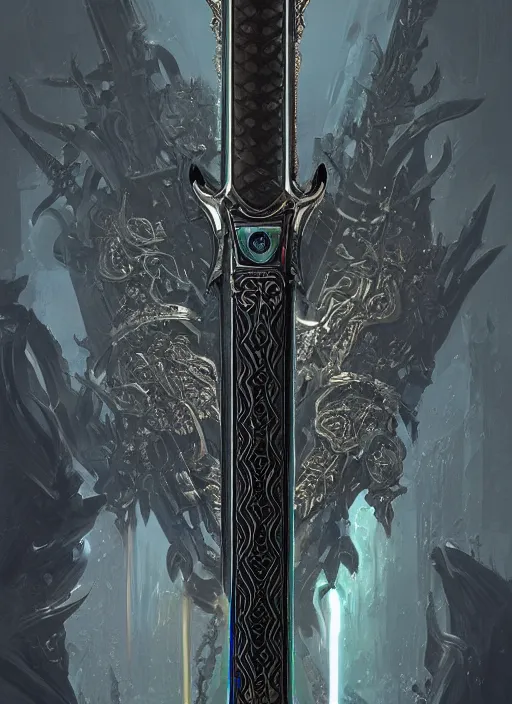 Image similar to legendary sword of technology, intricate black and iridescent blade, ornate gothic baroque spikes, glowing handle, detailed realistic, ray tracing, colored gems, art by greg rutkowski