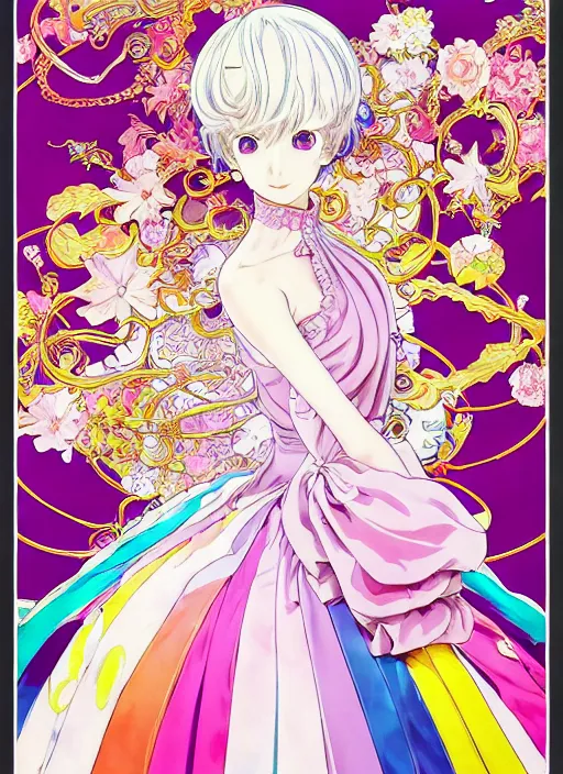 Image similar to manga poster of persona, rococo ruffles dress, pastel rainbow, pearlescent, shimmering, reflective, rim light, detailed background, by shigenori soejima. takeshi obata, minaba hideo, shigenori soejima, alphonse mucha, illustration,, artstation, pivix, concept art, highly detailed, colorful, maximalist