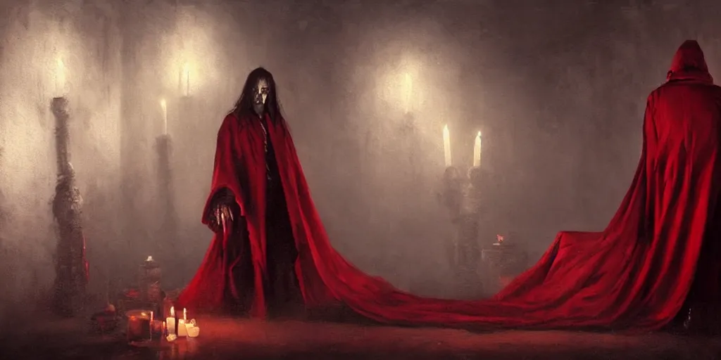 Image similar to A hyper realistic oil painting of a very old vampire dressed in a crimson robe, surrounded by candles, creepy atmosphere, moody lighting, by Greg Rutkowski, trending on artstation, 4k, underground