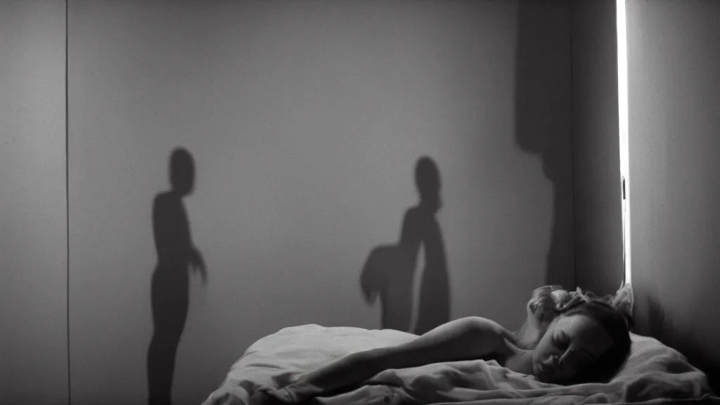 Prompt: movie still of girl having sleep paralysis a shadow watching, cinematic composition, cinematic light, criterion collection, by david lynch