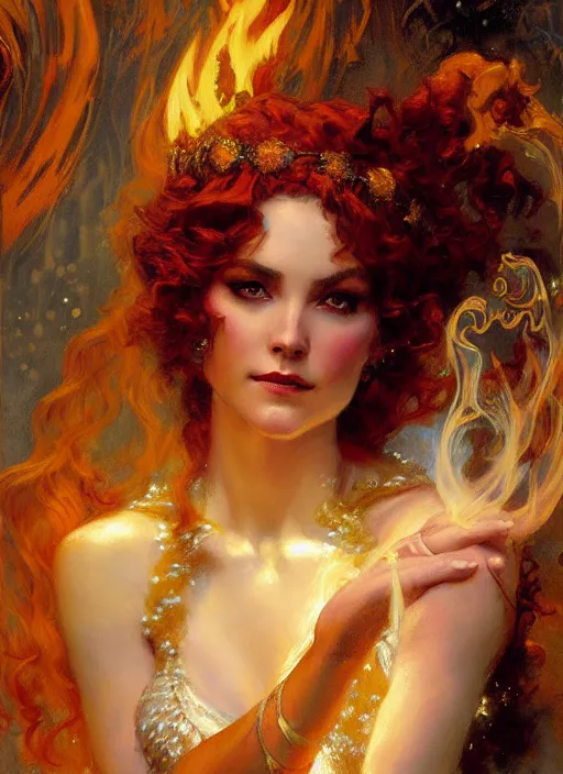 Prompt: young celtic woman, goddess of fire, flowing gown, smug expression, highly detailed painting by gaston bussiere, craig mullins, j. c. leyendecker 8 k full length