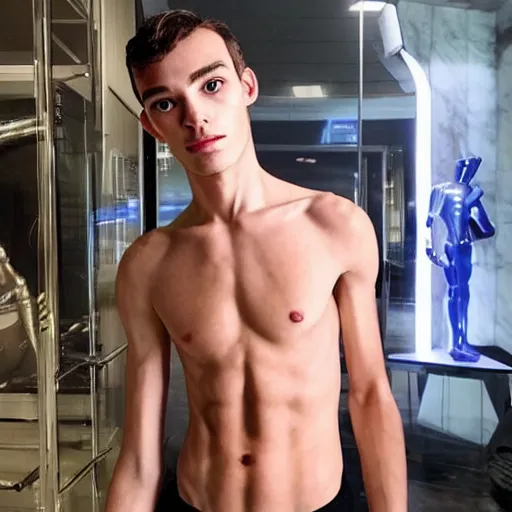 Image similar to “a realistic detailed photo of a guy who is an attractive humanoid who is half robot and half humanoid, who is a male android, Pierre Gasly, shiny skin, posing like a statue, blank stare”