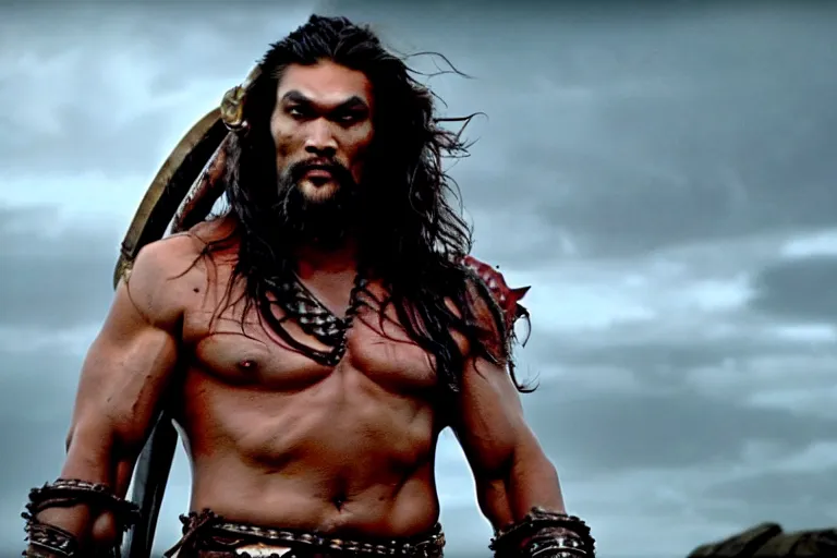 Image similar to film still from conan the barbarian, jason momoa as conan, wearing royal crimson fantasy ornate spartan dragon scale armor, volumetric lighting, wet skin and windblown hair, muscular!!!, battle action pose, ridley scott, high contrast