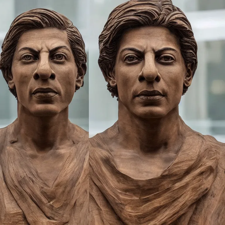 Prompt: public sculpture minimalist bust portrait of a shah rukh khan, beautiful symmetrical face accurate face detailed face realistic proportions, carved out of cedar wood on a pedestal by stephan balkenhol and martin puryear and ron mueck, hyperrealistic dramatic lighting shocking detail trending on artstation 8 k