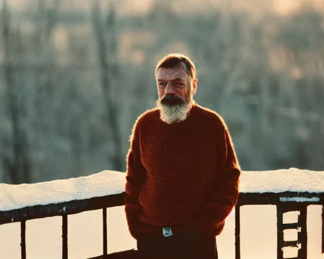 Image similar to lomographic tarkovsky film still of 4 0 years russian man with beard and sweater standing on small hrushevka 9 th floor balcony in taiga looking at sunset, perfect faces, cinestill, bokeh