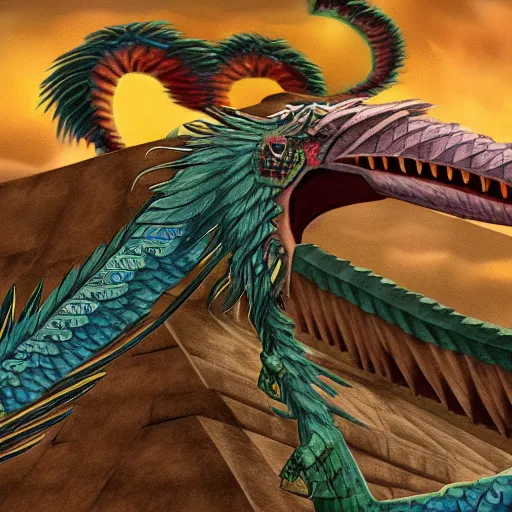 Prompt: : cinematic quetzalcoatl battling monsters on top of a pyramid