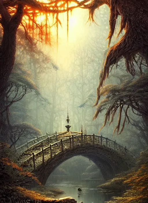 Image similar to book cover!!!!!!!!!!!!, old bridge, fantasy forest landscape, fantasy magic, light night, intricate, elegant, sharp focus, illustration, highly detailed, digital painting, concept art, matte, art by wlop and artgerm and ivan shishkin and andrey shishkin, masterpiece