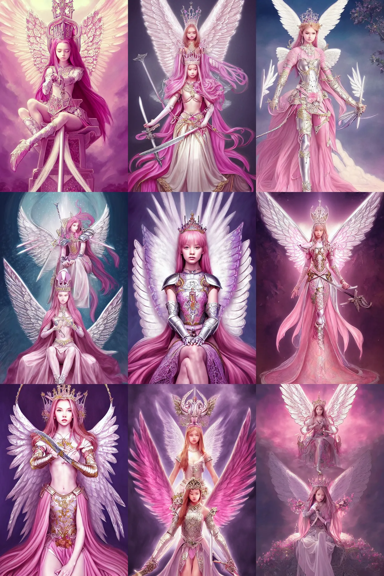 Prompt: gorgeous!! hyper - realistic princess wearing ornate pink knight armor, angel wings, angemon l sitting at the thrown, holding a long sword | divine, elegant, ethereal, heavenly | illustration, intricate, high detail, ultra graphics, daz | drawn by wlop, drawn by jeehyung lee, drawn by artgerm