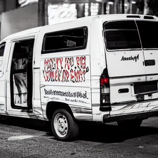 Prompt: photograph of creepy van at night with free candy written on it