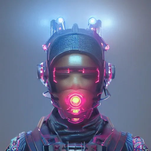 Image similar to cyberpunk samurai, with techware, subject centered in the frame, golden ratio, rule of thirds, volumetric lighting, prismatic neon accents, D&D, intricate, elegant, highly detailed, digital painting, japanese , altered carbon style, trending on artstation, unreal engine 5, octane render, redshift, concept art, art by Artgerm and Greg Rutkowski and Alphonse Mucha