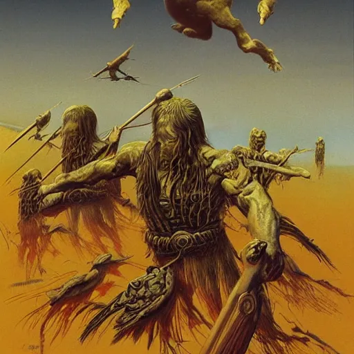 Image similar to the hungry birds of war. manowar album, 8k, highly detailed, conan the barbaraian style by Zdzisław Beksiński