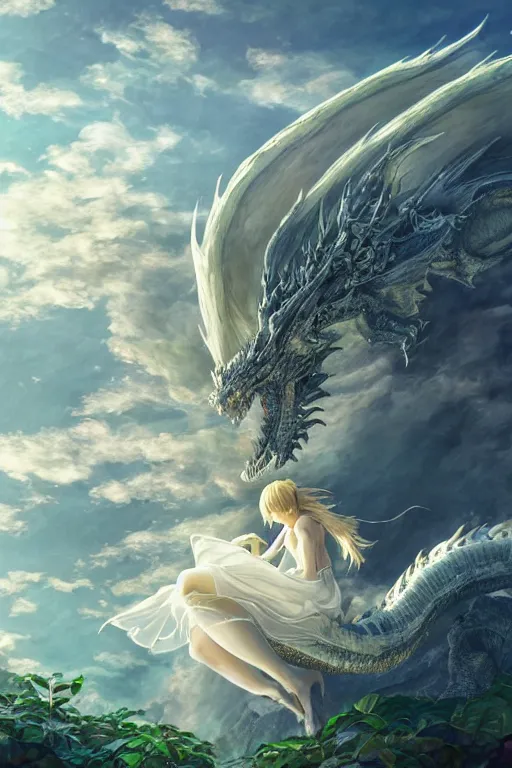 Image similar to the beautiful hyper detailed scene render that a lonely beautiful girl lies in the arms of a huge silver white dragon alone in fairyland surrounded by white clouds, finely detailed angelic face delicate features, style of studio ghibli, makoto shinkai, raphael lacoste, louis comfort tiffany, artgerm, james jean, ross tran, animation style, hd, ultra wide angle