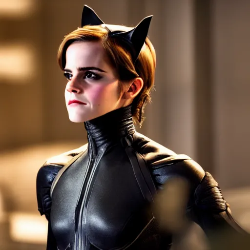 Prompt: Emma Watson as Catwoman, XF IQ4, f/1.4, ISO 200, 1/160s, UHD, Sense of Depth, Depth Layering, AI enhanced, HDR, in-frame