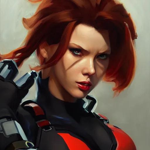 Image similar to greg manchess portrait painting of black widow as overwatch character, medium shot, asymmetrical, profile picture, organic painting, sunny day, matte painting, bold shapes, hard edges, street art, trending on artstation, by huang guangjian and gil elvgren and sachin teng