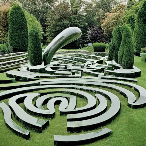 Image similar to giant Italian modern castle formal garden with a modern stainless steel organic shaped modern sculptureswith mirror finish by Tony Cragg, photo by Annie Leibovitz