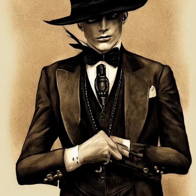 Image similar to photorealistic sepia portrait of a 1 9 2 0 s era male magician, well dressed, long - tailed tuxedo coat, in the style of dave dorman, atmospheric lighting, dark, brooding, painted, intricate, ultra detailed, well composed, best on artstation, cgsociety, epic, stunning, gorgeous, intricate detail, much wow, masterpiece