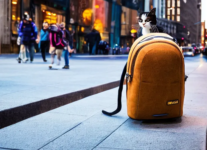 Image similar to photography of a Cat being carried in an half open backpack . in a new york street. award winning photo, led lighting, night, 130mm, sharp, high res