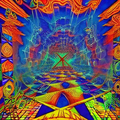 Image similar to Psychedelic Inter-dimensional freemasonic occultic chequered trippy dreamscape in the style of a photo-realistic album cover by Howard Finster, Michael Cheval (unreal engine, 3d highly detailed, 8k, UHD, fantasy, dream, otherworldly, bizzare, spirals, colourful, vivid)